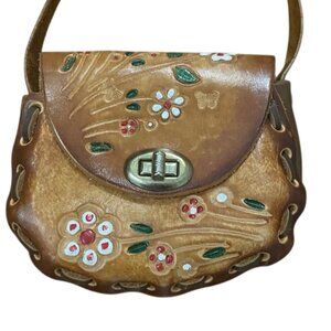Brown Mexican Tooled Leather Mini Shoulder Boho Bag Purse Floral 5x5